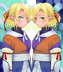 Rule 34 | 2girls, arm guards, arm ribbon, ascot, black shirt, blonde hair, blush, brown jacket, clone, closed mouth, commentary request, detached sleeves, empty eyes, green eyes, hair between eyes, hair ribbon, half-closed eyes, half updo, highres, jacket, looking at viewer, mizuhashi parsee, multicolored clothes, multiple girls, neckerchief, parted bangs, parted lips, pointy ears, red ribbon, reflection, ribbon, sash, shirt, short hair, short ponytail, sibata maru, standing, touhou, turtleneck, upper body, white neckerchief, white sash