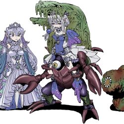 Rule 34 | 2girls, armor, beastking of the swamps, blue eyes, carrying, closed eyes, crab turtle, cyclops, diadem, dress, duel monster, fins, fish, grey hair, head fins, highres, kitkallos (yu-gi-oh!), lamprey, long hair, looking at another, monster, multiple girls, one-eyed, orrdriver, piggyback, pincers, pointing, riding, shaded face, simple background, slime (creature), tearlaments merrli, tearlaments rulkallos, white background, yu-gi-oh!, zone eater