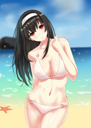 Rule 34 | 1girl, absurdres, arm behind back, bare arms, bare shoulders, beach, bikini, black hair, blurry, blurry background, breasts, brown eyes, chestnut mouth, cleavage, collarbone, contrapposto, cowboy shot, day, hairband, hand up, head tilt, highres, kasumigaoka utaha, large breasts, legs together, long hair, looking at viewer, navel, o-ring, o-ring bikini, o-ring bottom, o-ring top, ocean, open mouth, outdoors, saenai heroine no sodatekata, sand, shiny skin, solo, standing, starfish, stomach, swimsuit, water, white bikini, white hairband, yunkaiming
