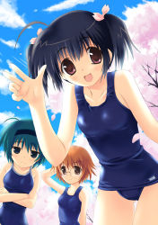 Rule 34 | 00s, 3girls, :d, :|, ahoge, aqua hair, arm behind head, arm up, backlighting, black hair, blue eyes, blue one-piece swimsuit, blush, breasts, brown hair, cherry blossoms, closed mouth, cloud, collarbone, competition school swimsuit, contrail, covered collarbone, covered navel, cowboy shot, crossed arms, day, embarrassed, facing viewer, glasses, hair between eyes, hair ribbon, hairband, half-closed eyes, happy, hip focus, kouzuki hajime, leaning forward, legs together, looking at viewer, medium breasts, multiple girls, old school swimsuit, one-piece swimsuit, open mouth, outdoors, petals, pink eyes, pink ribbon, raised eyebrows, ribbon, rimless eyewear, round eyewear, school swimsuit, short hair, short twintails, sky, small breasts, smile, sweatdrop, swimsuit, thigh gap, to heart (series), to heart 2, tree, twintails, upper body, yamada michiru, yoshioka chie, yuzuhara konomi