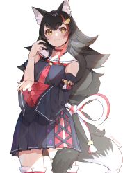 Rule 34 | 1girl, absurdres, animal ear fluff, animal ears, black hair, black shirt, black skirt, blush, breasts, choker, closed mouth, commentary, cowboy shot, detached sleeves, gluteal fold, hair between eyes, hair ornament, highres, hololive, idenshi hina, kouhaku nawa, long hair, looking at viewer, medium breasts, miniskirt, multicolored hair, ookami mio, ookami mio (1st costume), pleated skirt, red choker, red hair, red neckwear, rope, sailor collar, shimenawa, shirt, simple background, skirt, smile, solo, streaked hair, tail, tail wrap, thighhighs, thighs, twitter username, two-tone hair, virtual youtuber, white background, wide sleeves, wolf ears, wolf tail, yellow eyes