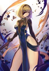 Rule 34 | 1girl, blue dress, blue eyes, breasts, character request, copyright request, dress, dual wielding, hairband, half mask, highres, hip focus, holding, looking at viewer, mashuu (neko no oyashiro), mask, medium breasts, pelvic curtain, petals, short hair, solo, sword, thighs, weapon