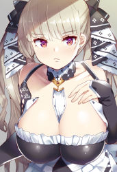 Rule 34 | 1girl, azur lane, between breasts, black ribbon, blunt bangs, breasts, cleavage, closed mouth, collarbone, detached collar, formidable (azur lane), hair ribbon, highres, large breasts, long hair, looking at viewer, platinum blonde hair, red eyes, ribbon, solo, takano itsuki, twintails, two-tone ribbon, upper body, white ribbon