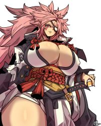 Rule 34 | angry, baiken, belt, big hair, breasts, eyepatch, facial tattoo, feet out of frame, genman, guilty gear, highres, huge breasts, japanese clothes, katana, kimono, looking down, nipples, one eye covered, parted lips, pink hair, red eyes, spiked hair, sword, tattoo, thick thighs, thighs, weapon, white background