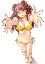 Rule 34 | 1girl, arms up, atlus, barefoot, bikini, blush, breasts, brown eyes, brown hair, cleavage, face, foreshortening, from above, halterneck, kujikawa rise, large breasts, legs, lips, long hair, outstretched arms, outstretched hand, persona, persona 4, reaching, reaching towards viewer, side-tie bikini bottom, solo, string bikini, swimsuit, tokiwa (mukoku), twintails