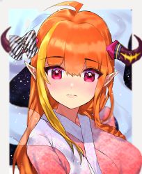 Rule 34 | absurdres, ahoge, alternate costume, bad id, bad pixiv id, blonde hair, blunt bangs, blush, bow, bowtie, braid, breasts, closed mouth, diagonal-striped bow, dragon girl, dragon horns, hair between eyes, highres, hololive, horn bow, horn ornament, horns, japanese clothes, kimono, kiryu coco, long hair, looking at viewer, minho. (minh0 0o), multicolored eyes, multicolored hair, orange hair, outside border, pink eyes, pointy ears, purple eyes, side braid, single braid, snow, snowing, solo, streaked hair, striped, striped bow, virtual youtuber, yukata