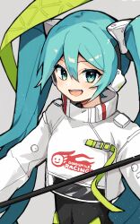 Rule 34 | 1girl, :d, aqua eyes, aqua hair, asymmetrical bodysuit, belt, black bodysuit, bodysuit, clothes writing, commentary request, covered navel, cropped jacket, flag, goodsmile racing, green belt, grey background, hair between eyes, hatsune miku, headphones, holding, holding flag, jacket, light blush, long hair, long sleeves, looking at viewer, open mouth, race queen, racing miku, racing miku (2022), sabako akikan, simple background, smile, solo, teeth, tongue, twintails, upper body, upper teeth only, vocaloid, white jacket