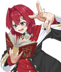 Rule 34 | 1girl, ange katrina, black coat, blue eyes, blush, book, coat, hair intakes, hair ornament, hairclip, highres, holding, holding book, jewelry, long sleeves, medium hair, necklace, nijisanji, open book, open clothes, open coat, open mouth, reading, red hair, red sweater, simple background, solo, sweater, taiga (ryukyu-6102-8), upper body, virtual youtuber, white background