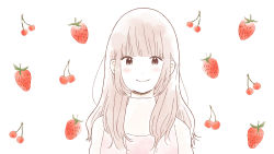 Rule 34 | 1girl, absurdres, blunt bangs, character request, cherry, cherry background, closed mouth, copyright request, dot nose, food, food-themed background, fruit, fruit background, hair over shoulder, hatching (texture), highres, itunohika, light blush, light purple hair, linear hatching, long hair, official art, pale color, purple eyes, simple background, smile, solo, straight-on, strawberry, strawberry background, turtleneck, upper body, wavy hair, white background