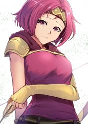 Rule 34 | 1girl, arrow (projectile), bow (weapon), closed mouth, fingerless gloves, fire emblem, fire emblem: the sacred stones, gloves, headband, highres, holding, holding arrow, nakabayashi zun, neimi (fire emblem), nintendo, pink eyes, pink hair, short hair, simple background, sleeveless, solo, tearing up, upper body, weapon, white background