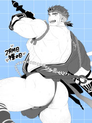 1boy armpit_hair ass ass_hair back bara beard_stubble bulge chest_hair commentary facial_hair from_behind fundoshi fundoshi_day gammei_(live_a_hero) greyscale_with_colored_background hachimaki hadanugi_dousa headband hifumi_(3b_x) highres holding holding_weapon japanese_clothes leg_hair live_a_hero looking_back male_focus muscular muscular_male nipples official_alternate_costume open_kimono open_mouth pectorals ponytail short_hair short_ponytail sidepec solo stubble symbol-only_commentary thick_thighs thighs undercut weapon