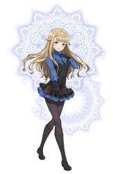 Rule 34 | 1girl, black footwear, black gloves, black pantyhose, blue eyes, blue skirt, boots, breasts, frilled skirt, frills, full body, gloves, hand up, highres, hood, hood down, knee boots, long hair, looking at viewer, official art, outstretched hand, pantyhose, pouch, princess (princess principal), princess principal, princess principal game of mission, skirt, small breasts, smile, solo, transparent background