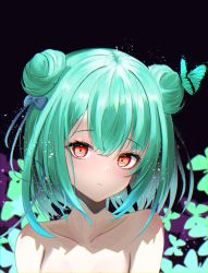 Rule 34 | 1girl, absurdres, black background, blue ribbon, bug, butterfly, closed mouth, collarbone, double bun, expressionless, green hair, hair bun, hair ribbon, highres, hololive, insect, looking at viewer, medium hair, nude, oniku (o29sukizero), red eyes, ribbon, solo, upper body, uruha rushia, virtual youtuber