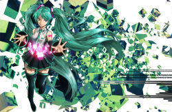 Rule 34 | 1girl, aqua eyes, aqua hair, bad id, bad pixiv id, bare shoulders, black thighhighs, detached sleeves, female focus, glowing, green eyes, green hair, hatsune miku, headphones, light smile, long hair, matching hair/eyes, necktie, outstretched hand, seafh, skirt, smile, solo, thighhighs, twintails, very long hair, vocaloid, zettai ryouiki