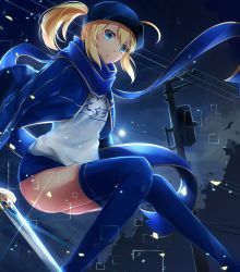 Rule 34 | 1girl, absurdres, ahoge, artoria pendragon (fate), blonde hair, blue buruma, blue eyes, blue hat, blue jacket, blue scarf, blue thighhighs, buruma, day, excalibur (fate/stay night), fate/grand order, fate (series), floating hair, from below, gym uniform, hat, highres, jacket, long hair, looking at viewer, mysterious heroine x (fate), night, open clothes, open jacket, outdoors, ponytail, scarf, shirt, slime (user jpds8754), solo, sparkle, thighhighs, white shirt