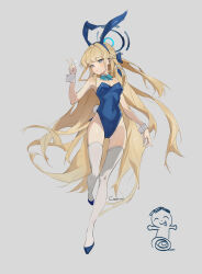 Rule 34 | 1girl, absurdres, animal ears, doodle sensei (blue archive), blonde hair, blue archive, blue leotard, bow, breasts, detached collar, fake animal ears, halo, highleg, highleg leotard, highres, leotard, long hair, medium breasts, official alternate costume, playboy bunny, rabbit ears, sensei (blue archive), strapless, strapless leotard, thighhighs, toki (blue archive), toki (bunny) (blue archive), toto (caaaaarrot), v, very long hair, white thighhighs, wrist cuffs