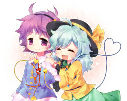Rule 34 | 2girls, :d, ahoge, arm at side, black hairband, black headwear, blouse, blue shirt, blush, buttons, closed mouth, commentary, diamond button, closed eyes, frilled shirt collar, frilled sleeves, frills, green hair, green skirt, hair ornament, hairband, hands on another&#039;s shoulders, hat, hat ribbon, heart, heart button, heart hair ornament, heart of string, holding hands, kiri futoshi, komeiji koishi, komeiji satori, long hair, long sleeves, looking at another, multiple girls, open mouth, pink skirt, purple eyes, purple hair, ribbon, ribbon trim, shirt, short hair, siblings, simple background, sisters, skirt, smile, thick eyebrows, third eye, touhou, upper body, wide sleeves, yellow ribbon, yellow shirt