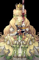 Rule 34 | 1girl, absurdres, black background, blonde hair, blood, blood on face, bloody weapon, butterfly hair ornament, celine (fire emblem), crown, dress, fire emblem, fire emblem engage, flower, green eyes, hair ornament, highres, holding, holding sword, holding weapon, long hair, looking at viewer, nintendo, omlililimo, princess, serious, simple background, solo, sword, upper body, very long hair, weapon