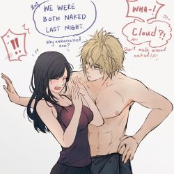 Rule 34 | !, !!, 1boy, 1girl, abs, bare arms, bare shoulders, black hair, black shorts, blonde hair, blue eyes, blush, breasts, cloud strife, collarbone, commentary, cowboy shot, embarrassed, english commentary, english text, final fantasy, final fantasy vii, hands up, highres, large breasts, long hair, looking at another, maiii (smaii i), navel, short hair, shorts, speech bubble, square enix, tank top, tifa lockhart, toned, toned male, topless male, towel around waist