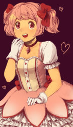 Rule 34 | 10s, 1girl, bubble skirt, choker, dress, flat chest, gloves, hand to own mouth, heart, jewelry, kaname madoka, looking at viewer, mahou shoujo madoka magica, mahou shoujo madoka magica (anime), orange eyes, pendant, puffy sleeves, purple background, red eyes, rina (rinatan), short sleeves, simple background, skirt, solo, twintails, white gloves