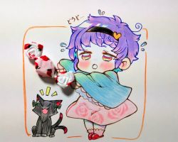 Rule 34 | 1girl, :o, black cat, black hairband, blouse, blue shirt, blush, bow, candy, cat, chibi, colored pencil (medium), commentary, feeding, floral print, flying sweatdrops, food, fourth wall, green bow, hair ornament, hairband, heart, heart hair ornament, holding, holding candy, holding food, kaenbyou rin, kaenbyou rin (cat), karyuu (raoz), komeiji satori, long sleeves, messy hair, notice lines, open mouth, pink skirt, pink socks, purple hair, red eyes, red footwear, rose print, shirt, short hair, simple background, skirt, slippers, socks, solo, standing, touhou, traditional media, translated, white background, wide sleeves