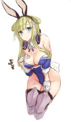 Rule 34 | 1girl, absurdres, adapted costume, animal ears, blonde hair, blue eyes, blue leotard, breasts, cleavage, cropped legs, detached collar, double bun, fake animal ears, fake tail, feet out of frame, fletcher (kancolle), fletcher mk ii (kancolle), gloves, groin, hair bun, headphones, highres, kantai collection, large breasts, leotard, long hair, rabbit ears, rabbit tail, ryo (tg290), signature, simple background, solo, tail, twitter username, white background, white gloves