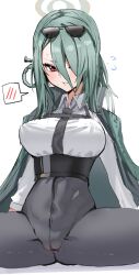 Rule 34 | 1girl, black necktie, blue archive, breasts, green hair, halo, highres, horn/wood, large breasts, looking at viewer, mina (blue archive), necktie, red eyes, shirt, simple background, solo, white background, white shirt
