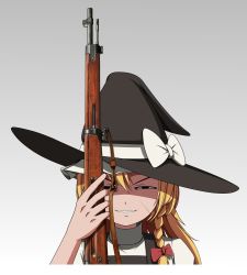 Rule 34 | 1girl, black eyes, black hat, black vest, bow, braid, commentary request, cookie (touhou), facial scar, golden kamuy, grey background, grin, gun, hair between eyes, hair bow, hat, hat bow, holding, holding gun, holding weapon, kirisame marisa, long hair, looking at viewer, ogata hyakunosuke, ponkotsu ryodan, red bow, rifle, scar, scar on cheek, scar on face, shaded face, shirt, side braid, single braid, smile, solo, suzu (cookie), touhou, unusually open eyes, upper body, vest, weapon, white bow, white shirt, witch hat