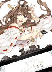 Rule 34 | 10s, 1girl, ahoge, brand name imitation, brown hair, cat, detached sleeves, double bun, drawing, drawing tablet, hair bun, hair ornament, hairband, japanese clothes, kantai collection, kongou (kancolle), long hair, nontraditional miko, open mouth, personification, purple eyes, raid slash, solo, stylus, wacom