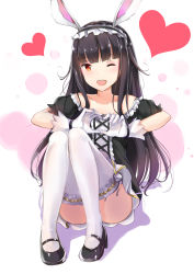 Rule 34 | 1girl, animal ears, bad id, bad pixiv id, black hair, collarbone, dress, elin, frilled thighhighs, frills, gloves, heart, heart hands, highres, long hair, mary janes, one eye closed, open mouth, rabbit ears, shoes, simple background, solo, tailam, tera online, thighhighs, white gloves, white thighhighs