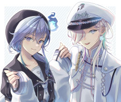 Rule 34 | 2boys, :d, aiguillette, anchor symbol, aqua hair, black headwear, black shirt, blue background, border, buttons, cape, cropped jacket, double-breasted, hair between eyes, hair ornament, hair over one eye, hair over shoulder, hairclip, hat, highres, hitodama, holostars, jacket, lapel pin, long hair, looking at viewer, luma8b, male focus, medium hair, minase rio, multicolored hair, multiple boys, neckerchief, off shoulder, official alternate costume, open mouth, outside border, peaked cap, pinching sleeves, pink hair, puffy short sleeves, puffy sleeves, purple eyes, purple hair, sailor collar, sailor hat, sailor shirt, shirt, short sleeves, side cape, sleeves past wrists, smile, streaked hair, striped, striped background, teeth, upper body, upper teeth only, utsugi uyu, virtual youtuber, white border, white cape, white eyes, white hair, white headwear, white jacket, white neckerchief, white shirt