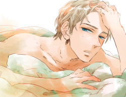Rule 34 | 1boy, alternate hairstyle, axis powers hetalia, bad id, bad pixiv id, bare shoulders, bed, blanket, blonde hair, blue eyes, close-up, fingernails, germany (hetalia), hand on own head, kisaragi manami, looking at viewer, lying, male focus, on stomach, open mouth, simple background, solo, squinting, sunlight, topless male, under covers, white background