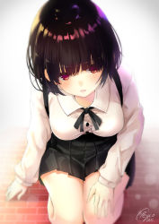 Rule 34 | 1girl, amahara pekozaemon, artist name, bad id, bad pixiv id, black hair, from above, highres, long sleeves, open mouth, original, pleated skirt, red eyes, seiza, sitting, skirt, solo