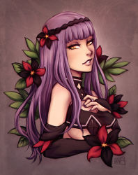 Rule 34 | 10s, 1girl, artist name, black gloves, blunt bangs, breasts, bridal gauntlets, brown background, brown eyes, cleavage, cleavage cutout, clothing cutout, elbow gloves, eyelashes, flower, gloves, hair flower, hair ornament, hairband, head tilt, iahfy, lady j, leaf, looking at viewer, nail polish, orange eyes, parted lips, plant, purple hair, purple nails, simple background, solo, teeth, upper body, valkyrie drive, valkyrie drive -mermaid-, yellow eyes