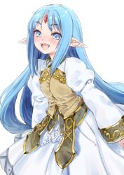 Rule 34 | 1girl, absurdres, blue eyes, blue hair, blush, commission, dress, elf, forehead jewel, gold trim, highres, juliet sleeves, kishida mel, long hair, long sleeves, nose blush, open mouth, pointy ears, puffy sleeves, rance (series), rance 10, reset kalar, sharp teeth, simple background, skeb commission, smile, solo, teeth, white background