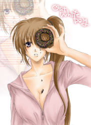 Rule 34 | 00s, 1girl, breasts, brown hair, cleavage, collarbone, doughnut, food, food on body, large breasts, lina (interlude), long hair, lyrical nanoha, mahou shoujo lyrical nanoha, mahou shoujo lyrical nanoha strikers, parted lips, side ponytail, solo, sprinkles, takamachi nanoha, upper body, very long hair, white background, white day