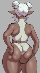 Rule 34 | 1girl, absurdres, ass, back, bare shoulders, dark-skinned female, dark skin, elf-san wa yaserarenai., hands on own ass, highres, huge ass, kuroeda-san, panties, pointy ears, shiny skin, sidelocks, simple background, sketch, solo, standing, synecdoche, thick thighs, thighs, underwear, upper body