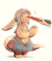 Rule 34 | 2others, absurdres, androgynous, brown fur, carrot, eating, closed eyes, furry, highres, holding, holding carrot, made in abyss, multiple others, nanachi (made in abyss), neru5572 (onerumaster), other focus, puffy pants, simple background, solo focus, standing, tail, whiskers, white background, white hair