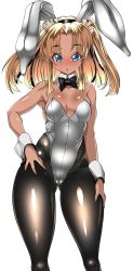 Rule 34 | 1girl, animal ears, blonde hair, blue eyes, blush, breasts, cameltoe, curvy, dark skin, detached collar, fake animal ears, futaba lili ramses, high heels, highleg, highleg leotard, highres, leotard, long hair, looking at viewer, masachuusa, open mouth, playboy bunny, rabbit ears, shiny clothes, shiny skin, simple background, small breasts, standing, tentacle and witches, thighs, thong leotard, twintails, white background, white leotard