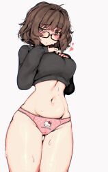 Rule 34 | 1girl, ahoge, aki (snale), bags under eyes, belly, black sweater, blush, breasts, brown eyes, brown hair, cowboy shot, crop top, english text, glasses, groin, hands on own breasts, heart, hello kitty, hello kitty print, highres, jitome, lace, lace-trimmed panties, lace trim, linea alba, long sleeves, looking at viewer, medium breasts, messy hair, midriff, mole, mole on stomach, navel, original, panties, pink panties, sanrio, short hair, snale, solo, sweat, sweatdrop, sweater, thick thighs, thigh gap, thighs, underwear, white background, wide hips