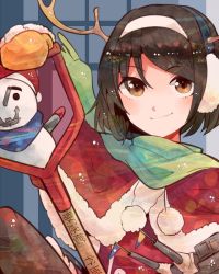 Rule 34 | 10s, 1girl, antlers, blue background, blush, brown eyes, brown hair, christmas, flag, gloves, green scarf, hair ornament, hairband, hat, horns, itomugi-kun, kantai collection, looking away, machinery, md5 mismatch, resized, santa hat, scarf, short hair, shovel, smile, snowman, solo, tanikaze (kancolle), worktool, yellow gloves