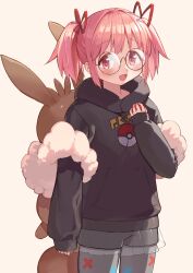 Rule 34 | 1girl, black hoodie, cocoa (mdk love1003), commentary request, creatures (company), eevee, game freak, gen 1 pokemon, glasses, grey shorts, highres, holding, holding poke ball, hood, hoodie, kaname madoka, mahou shoujo madoka magica, mahou shoujo madoka magica (anime), nintendo, open mouth, pink eyes, pink hair, poke ball, pokemon, pokemon sv, round eyewear, short hair, shorts, smile, solo, twintails