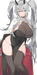 Rule 34 | 1girl, black thighhighs, blue eyes, blush, breasts, character request, choker, cleavage, closed mouth, feet out of frame, gogoco, grey hair, hair between eyes, highres, horns, large breasts, leaning forward, long hair, looking at viewer, pelvic curtain, simple background, skindentation, smile, solo, standing, thighhighs, thighs, twintails, very long hair, white background