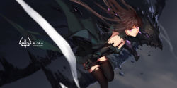 Rule 34 | 1girl, bare shoulders, black dress, black thighhighs, breasts, brown hair, cleavage, detached collar, dragon, dress, gauntlets, glowing, glowing eyes, leaning forward, long hair, looking at viewer, medium breasts, original, pink eyes, pixiv fantasia, pixiv fantasia t, smile, solo, swd3e2, thighhighs, torn clothes, torn thighhighs