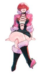 Rule 34 | 1girl, boots, breasts, cleavage, cleavage cutout, clothing cutout, cropped jacket, eymbee, fur trim, hair over eyes, high heels, large breasts, leotard, lips, lipstick, makeup, miniskirt, red hair, shermie (kof), skirt, smile, snk, solo, the king of fighters, the king of fighters xv
