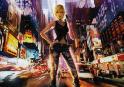 Rule 34 | 1girl, aya brea, belt, blonde hair, buckle, building, car, city, highres, looking at viewer, motor vehicle, official art, outdoors, pants, parasite eve, parasite eve the 3rd birthday, short hair, solo, standing, vehicle