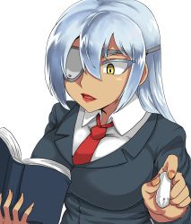 Rule 34 | 1girl, book, breasts, chalk, eyepatch, female focus, gender request, genderswap, holding, inazuma eleven (series), inazuma eleven go, kitsune-tsuki (getter), large breasts, lipstick, long hair, makeup, necktie, open book, reading, red lips, sakuma jirou, silver hair, simple background, solo, white background, yellow eyes