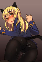 Rule 34 | 1girl, animal ears, ass, bent over, blonde hair, blush, cameltoe, cat ears, cat tail, cum, cum on ass, cum on body, cum on lower body, eyebrows, fang, from behind, glasses, kou (garakuta teikoku), looking at viewer, looking back, open mouth, panties, panties under pantyhose, pantyhose, perrine h. clostermann, strike witches, tail, thick eyebrows, thigh gap, underwear, world witches series