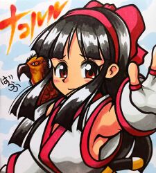 Rule 34 | 1girl, absurdres, ainu clothes, arm up, armpits, black hair, breasts, brown eyes, fingerless gloves, gloves, hair ribbon, highres, large breasts, long hair, looking at viewer, mamahaha, nakoruru, outstretched arm, ribbon, samurai spirits, smile, snk, the king of fighters, traditional media, weapon