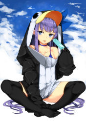 Rule 34 | 1girl, animal hood, bare shoulders, black thighhighs, blue eyes, blush, breasts, choker, collarbone, commentary request, fate/grand order, fate (series), hair between eyes, hair ribbon, highres, hood, indian style, long hair, long sleeves, looking at viewer, meltryllis, meltryllis (fate), meltryllis (swimsuit lancer) (fate), meltryllis (swimsuit lancer) (first ascension) (fate), penguin hood, purple hair, ribbon, sitting, sleeves past fingers, sleeves past wrists, small breasts, smile, solo, swimsuit, thighhighs, tongue, tongue out, tries, very long hair
